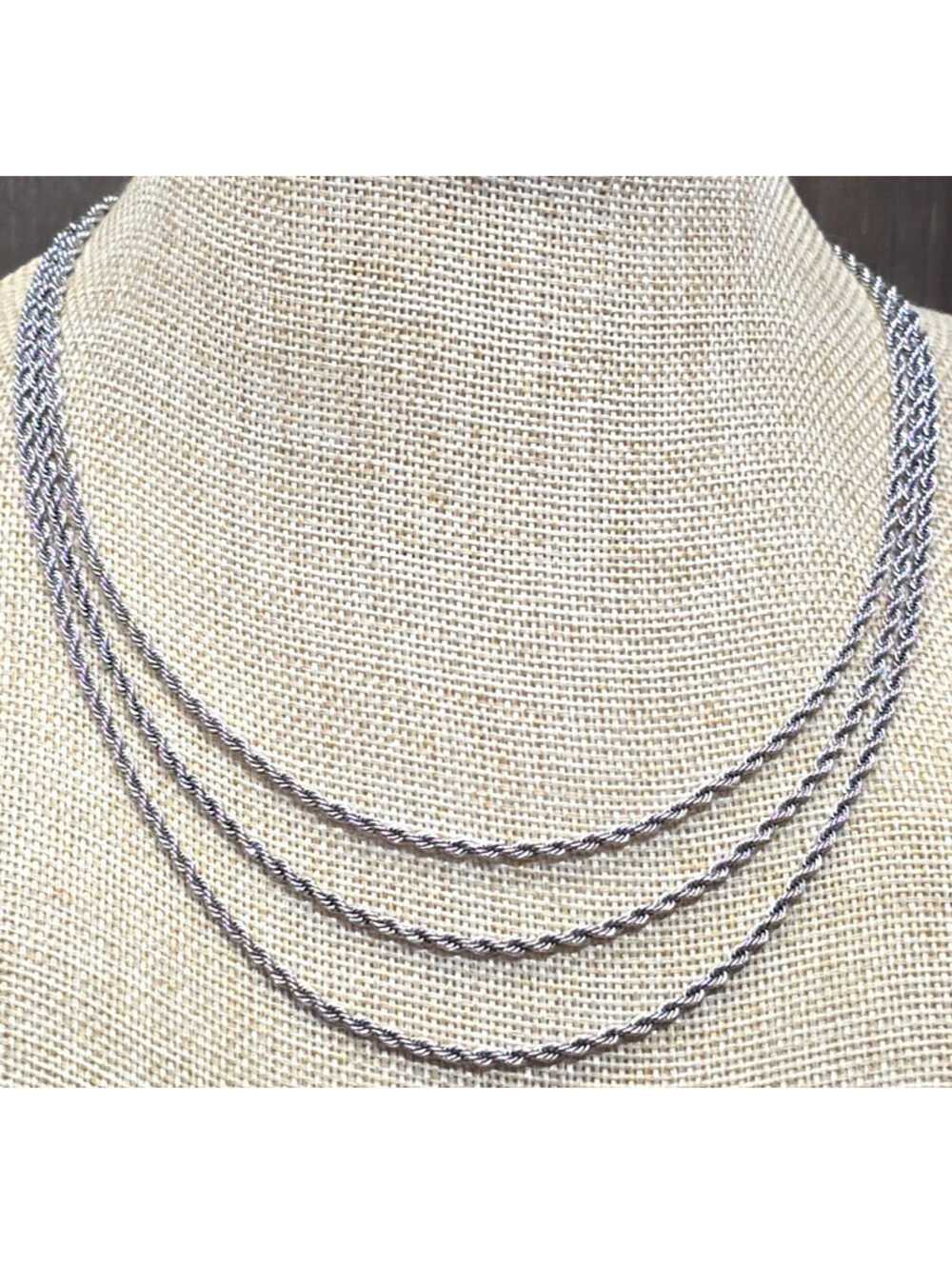 Vintage 3-row 2.5mm Rope Chain Necklace Silver Tone